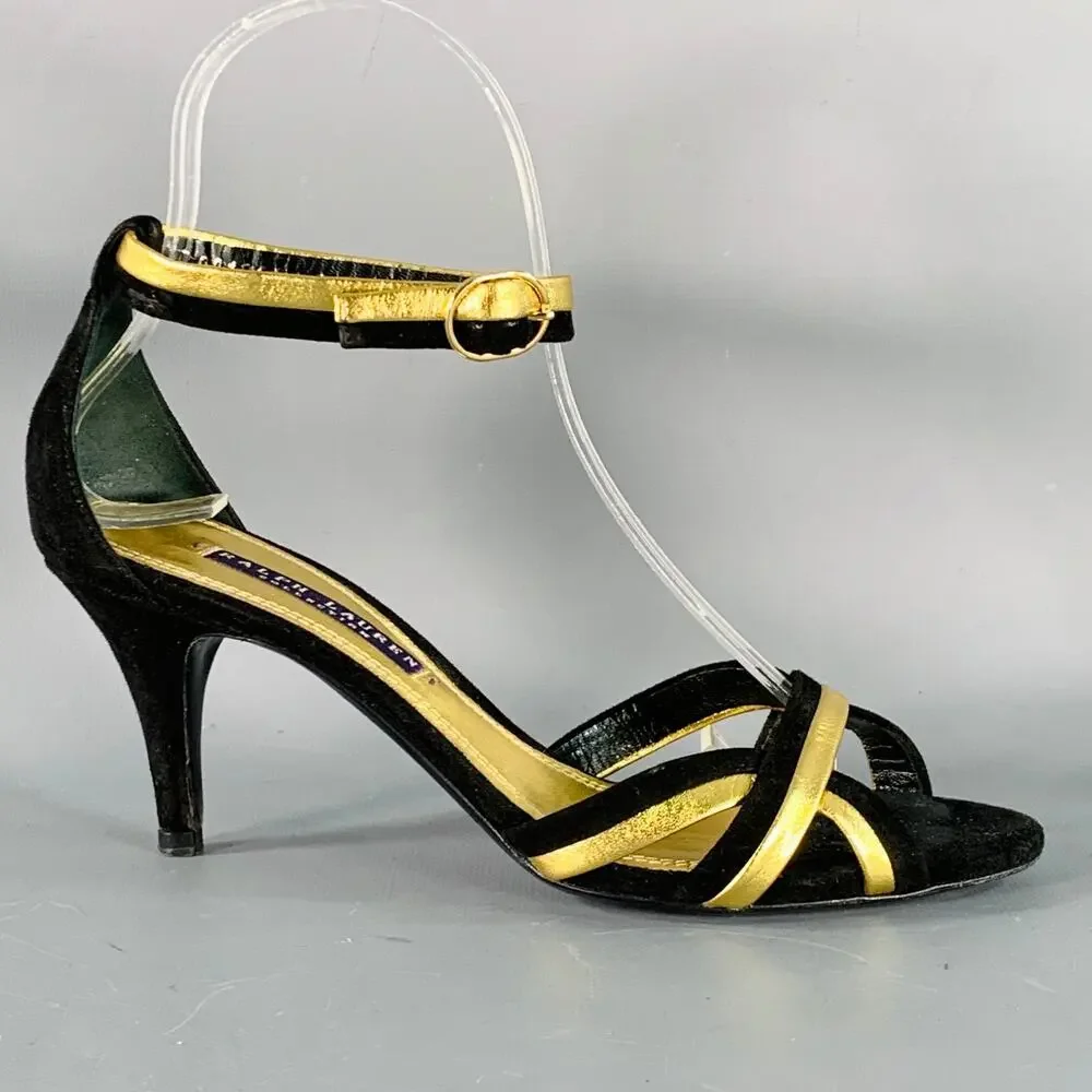 RALPH LAUREN 6 Black Metallic Gold Suede Leather Strappy Ankle Strap Sandals